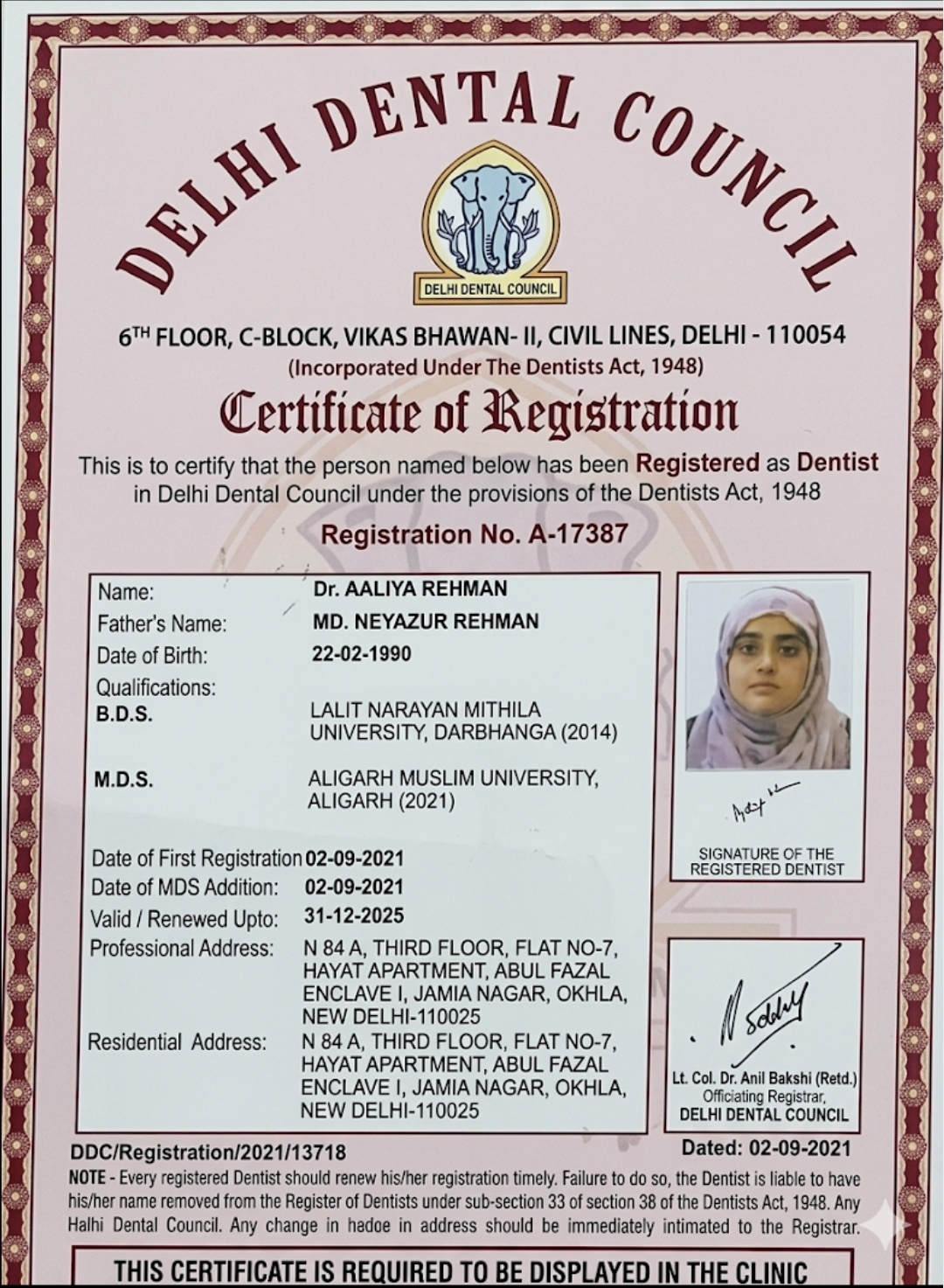 Delhi Dental Council Certificate of Registration